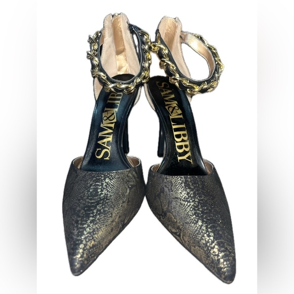 Sam & Libby Dylan Gold Black Ankle Chain Strap Stiletto 4" Heels Shoes, Size 9.5 - Picture 4 of 14